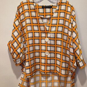 Zara Orange and Gray Plaid Button-Front V-Neck Top
